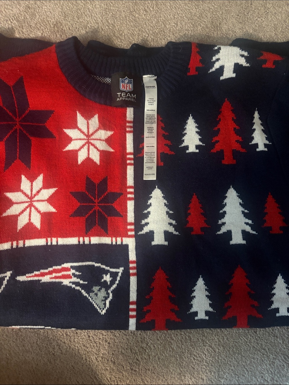 NFL New England Patriots Red Navy Holiday Crewneck Sweater